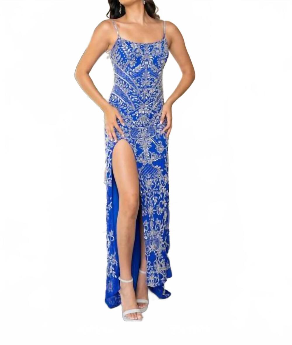 NEW RACHEL ALLAN beaded sleeveless slit gown in royal silver